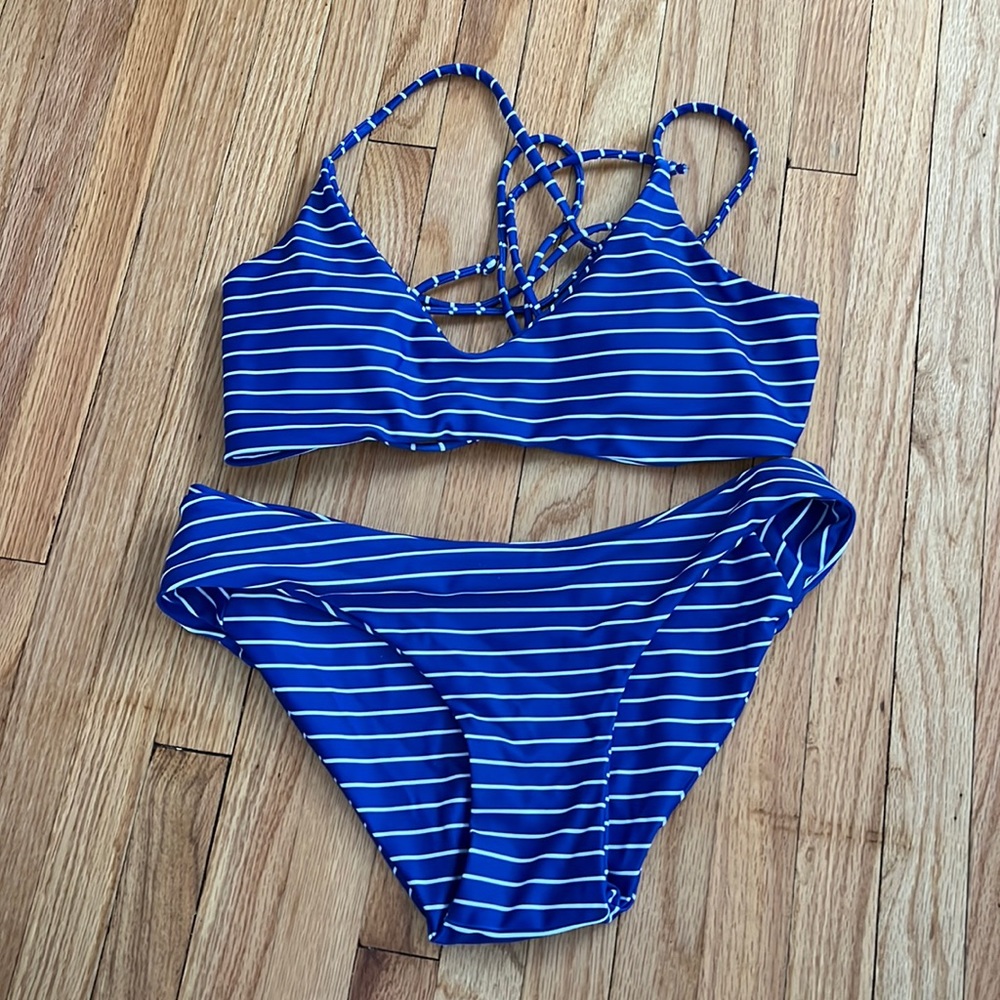 Blue and white striped strappy swimsuit size 4 small